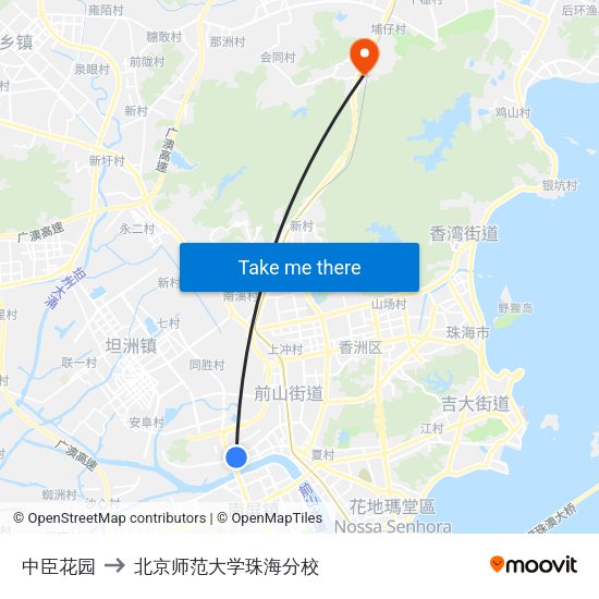 中臣花园 to 北京师范大学珠海分校 map