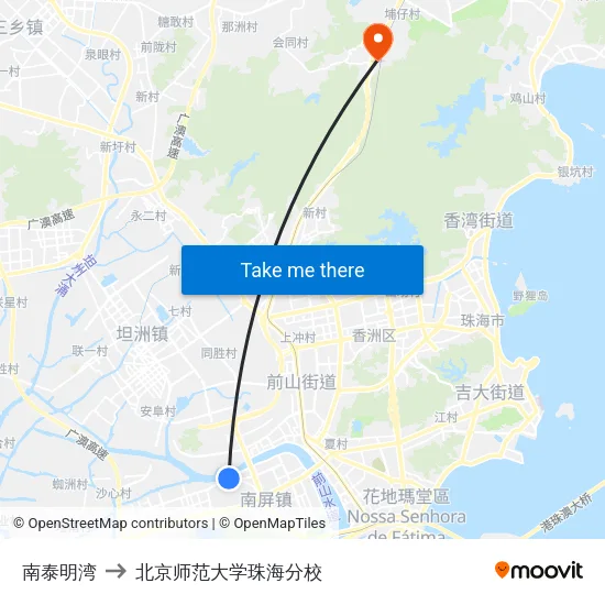 南泰明湾 to 北京师范大学珠海分校 map