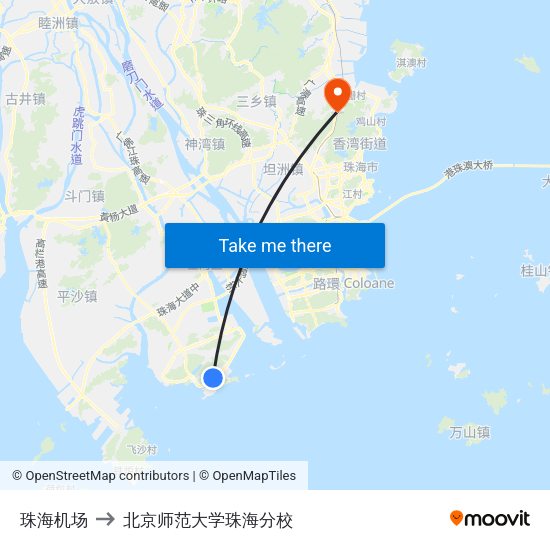 珠海机场 to 北京师范大学珠海分校 map