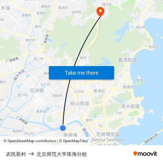 农民新村 to 北京师范大学珠海分校 map