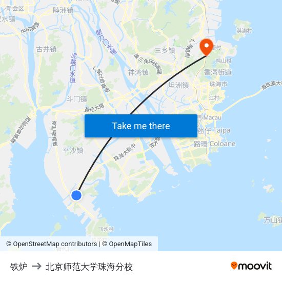 铁炉 to 北京师范大学珠海分校 map