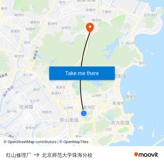 红山修理厂 to 北京师范大学珠海分校 map