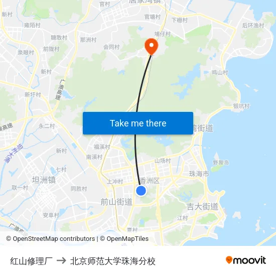红山修理厂 to 北京师范大学珠海分校 map