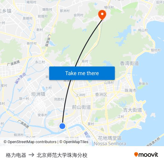 格力电器 to 北京师范大学珠海分校 map