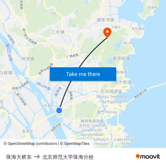 珠海大桥东 to 北京师范大学珠海分校 map