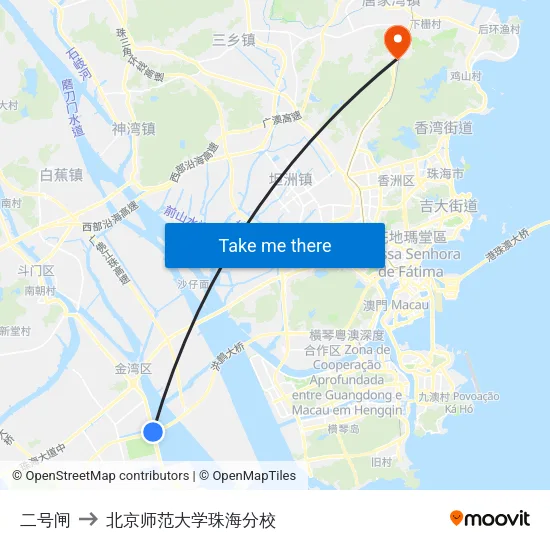 二号闸 to 北京师范大学珠海分校 map
