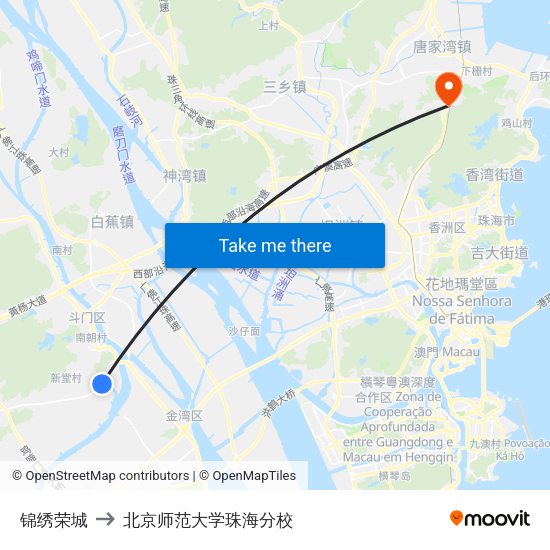 锦绣荣城 to 北京师范大学珠海分校 map