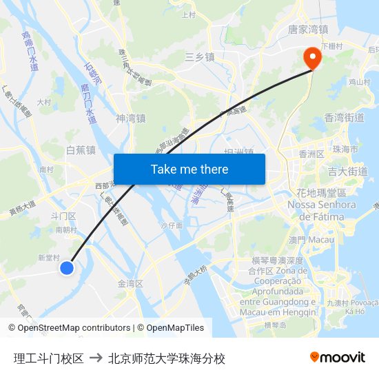 理工斗门校区 to 北京师范大学珠海分校 map