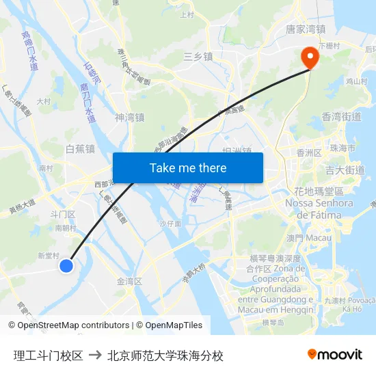 理工斗门校区 to 北京师范大学珠海分校 map