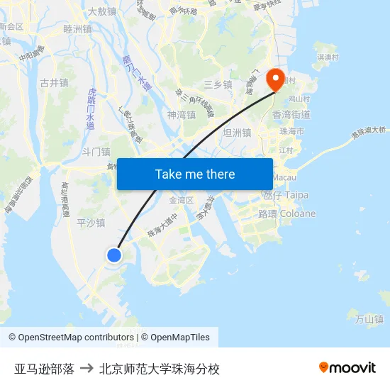亚马逊部落 to 北京师范大学珠海分校 map