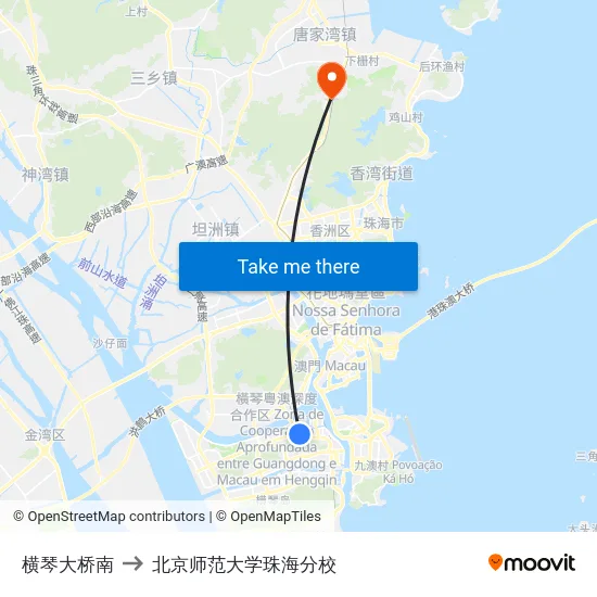 横琴大桥南 to 北京师范大学珠海分校 map
