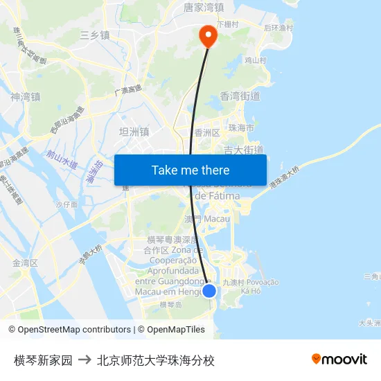 横琴新家园 to 北京师范大学珠海分校 map