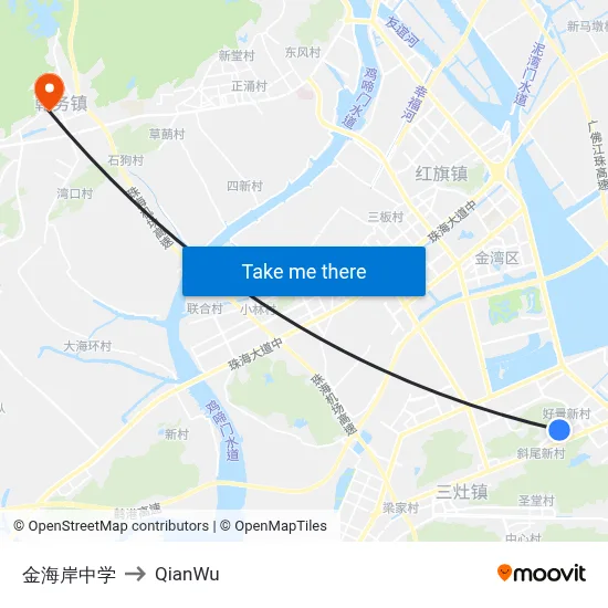 Jinhai Coast Middle School to QianWu map