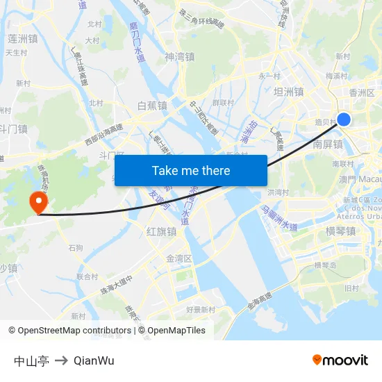 Zhongshan Pavilion to QianWu map