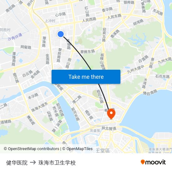 健华医院 to 珠海市卫生学校 map