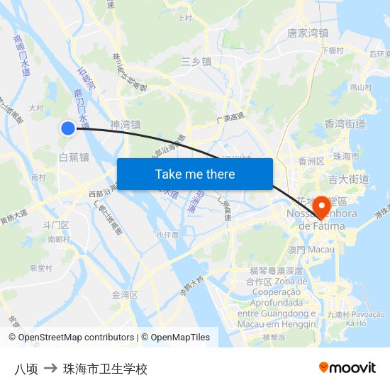 八顷 to 珠海市卫生学校 map