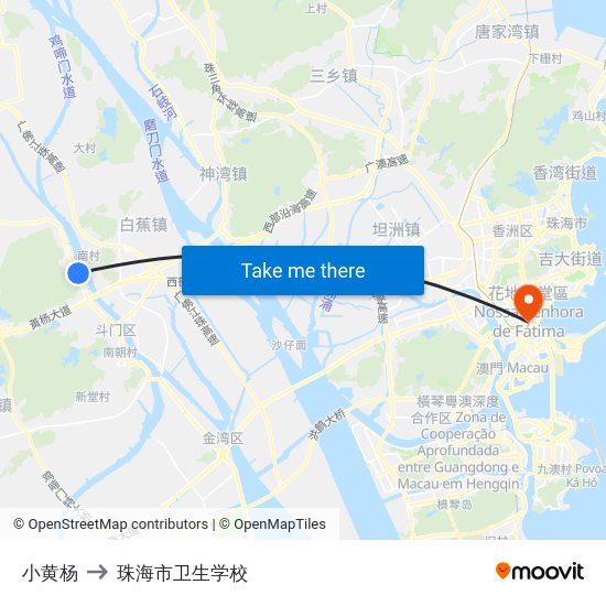 小黄杨 to 珠海市卫生学校 map