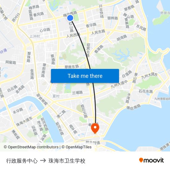 行政服务中心 to 珠海市卫生学校 map