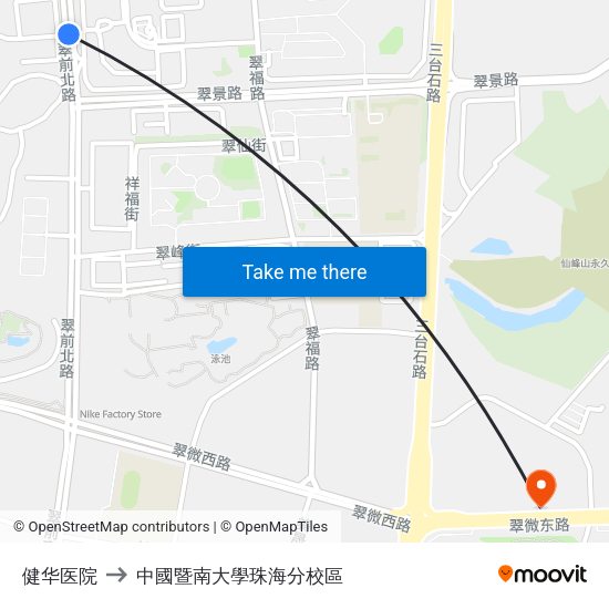 健华医院 to 中國暨南大學珠海分校區 map