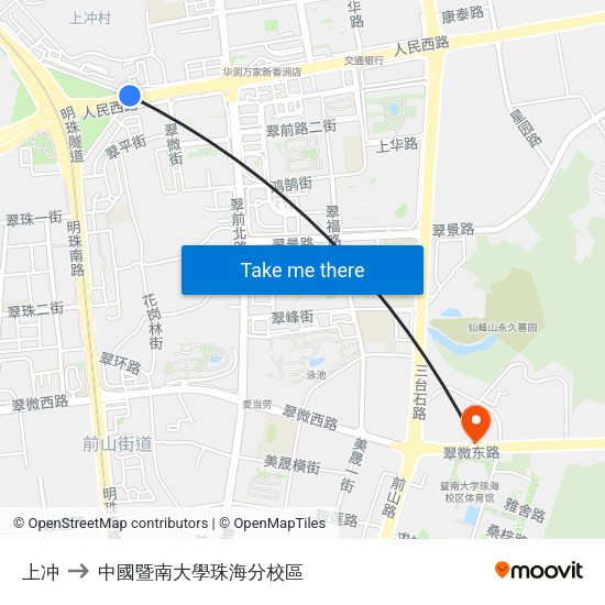上冲 to 中國暨南大學珠海分校區 map