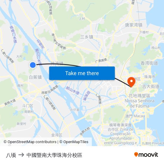 八顷 to 中國暨南大學珠海分校區 map