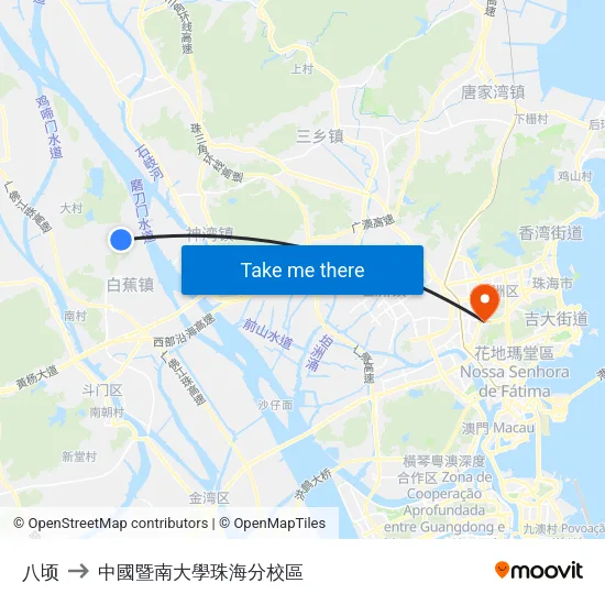八顷 to 中國暨南大學珠海分校區 map