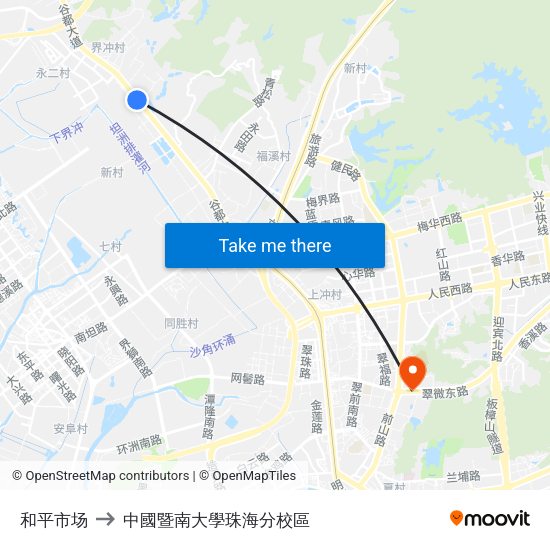 和平市场 to 中國暨南大學珠海分校區 map