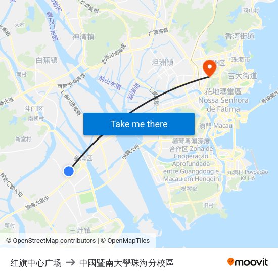 红旗中心广场 to 中國暨南大學珠海分校區 map