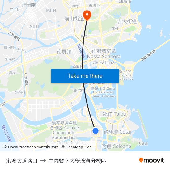 港澳大道路口 to 中國暨南大學珠海分校區 map
