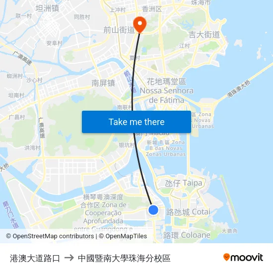 港澳大道路口 to 中國暨南大學珠海分校區 map