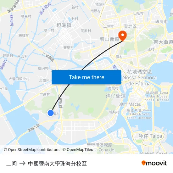 二间 to 中國暨南大學珠海分校區 map