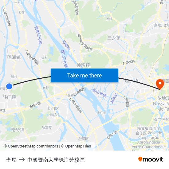 李屋 to 中國暨南大學珠海分校區 map