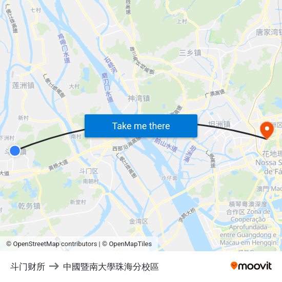 斗门财所 to 中國暨南大學珠海分校區 map