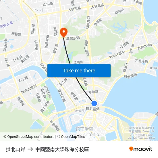 拱北口岸 to 中國暨南大學珠海分校區 map
