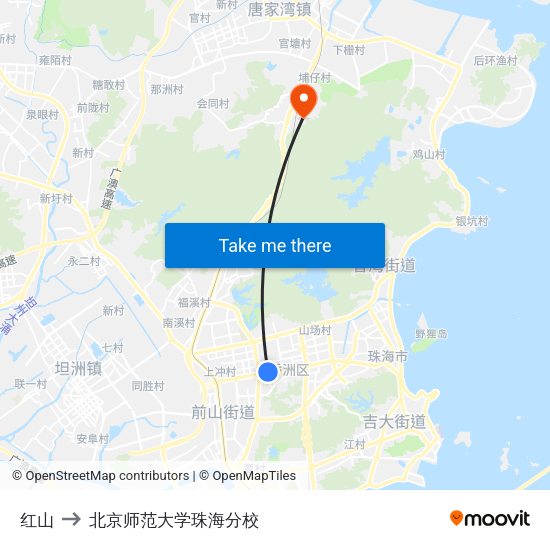 红山 to 北京师范大学珠海分校 map