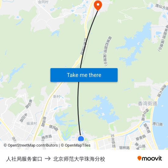 人社局服务窗口 to 北京师范大学珠海分校 map