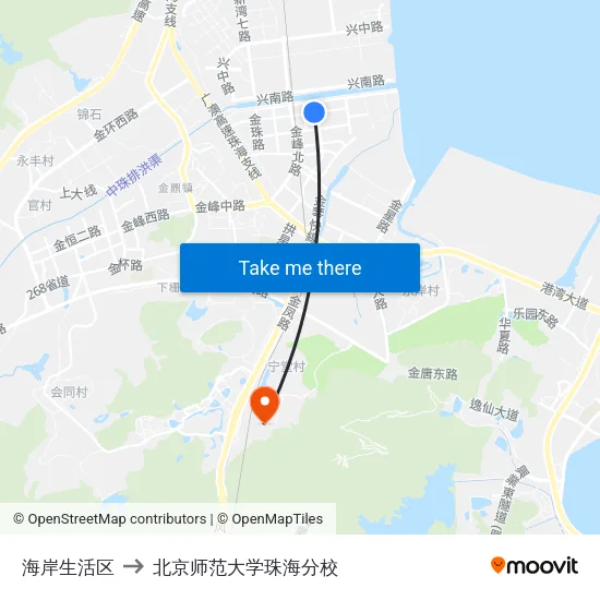 海岸生活区 to 北京师范大学珠海分校 map