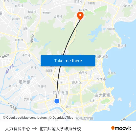 人力资源中心 to 北京师范大学珠海分校 map