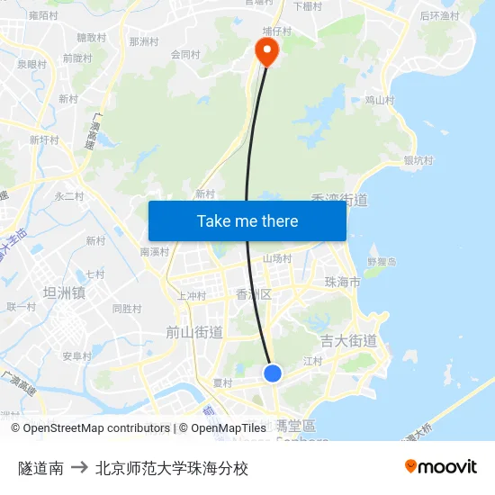 隧道南 to 北京师范大学珠海分校 map