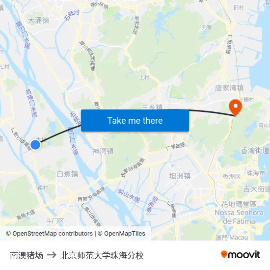 南澳猪场 to 北京师范大学珠海分校 map