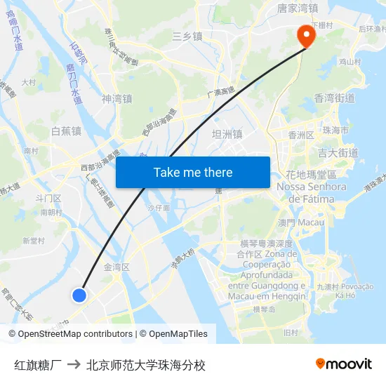 红旗糖厂 to 北京师范大学珠海分校 map