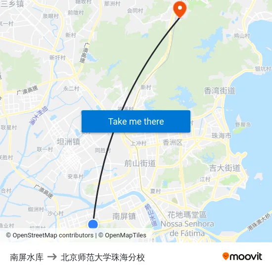 南屏水库 to 北京师范大学珠海分校 map