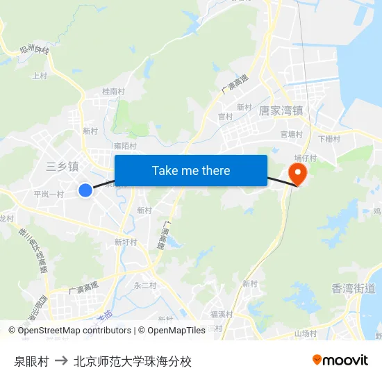 泉眼村 to 北京师范大学珠海分校 map