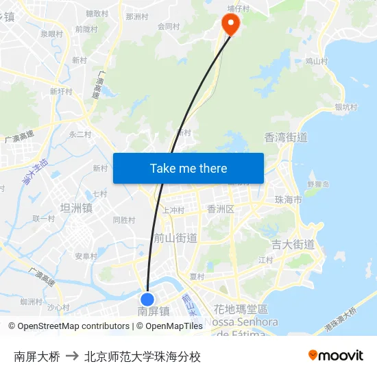 南屏大桥 to 北京师范大学珠海分校 map