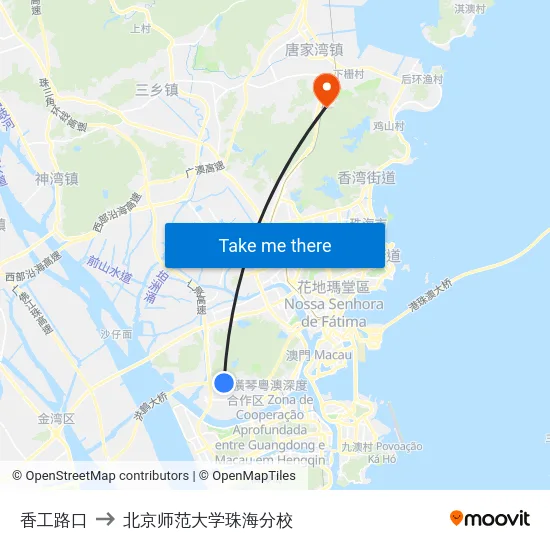 香工路口 to 北京师范大学珠海分校 map
