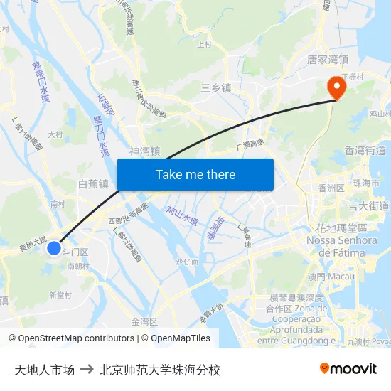 天地人市场 to 北京师范大学珠海分校 map
