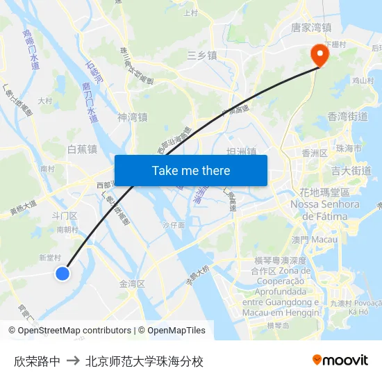 欣荣路中 to 北京师范大学珠海分校 map