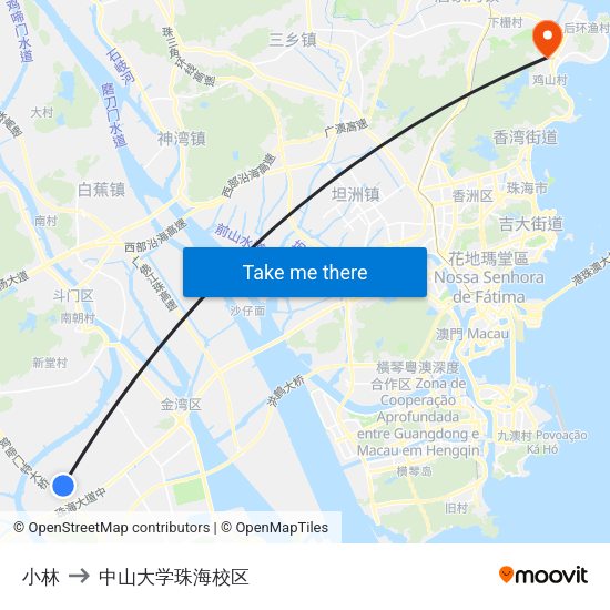 小林 to 中山大学珠海校区 map