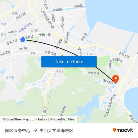 园区服务中心 to 中山大学珠海校区 map