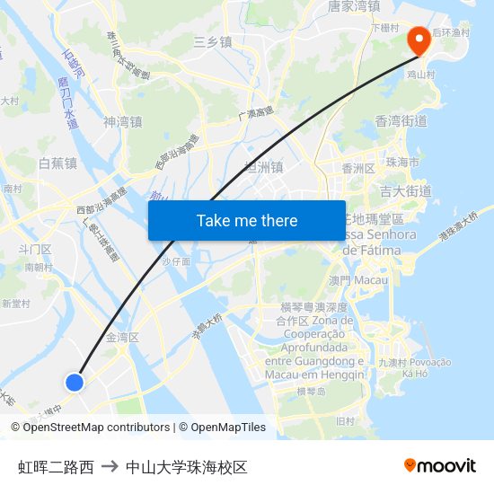 虹晖二路西 to 中山大学珠海校区 map